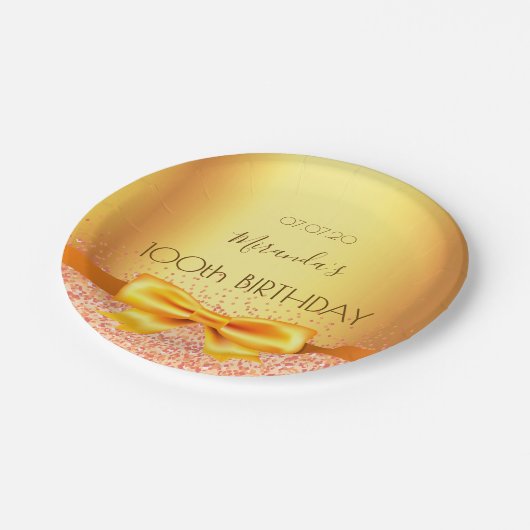 100th誕生日パーティー金ゴールドエレガントボウ名 ペーパープレート (アングル)
