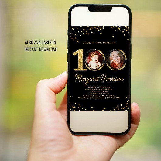 100th誕生日パーティー金ゴールドグリッター紙吹雪写真 招待状