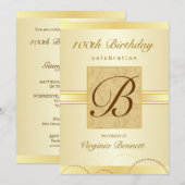 100th誕生日パーティー金ゴールドダマスクモノグラム 招待状 (正面/裏面)