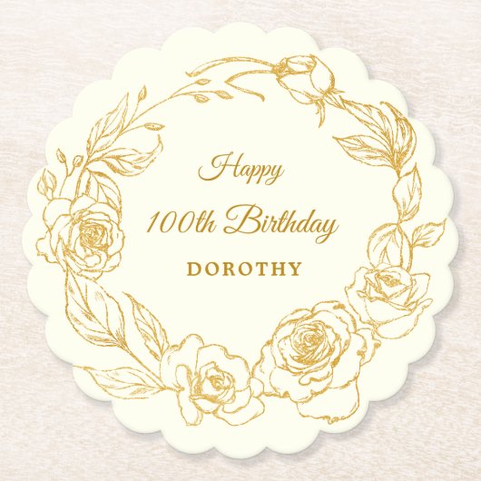 100th誕生日パーティー金ゴールドバラアイボリーホワイト ペーパーコースター (正面)