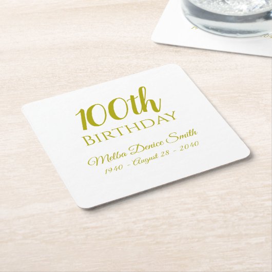 100th誕生日パーティー飲み物用コースター パーソナライズされた スクエアペーパーコースター (アングル)