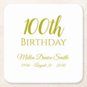 100th誕生日パーティー飲み物用コースター パーソナライズされた スクエアペーパーコースター (正面)
