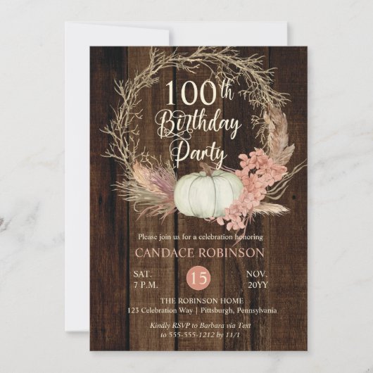 100th誕生日パーティー – パンプキ素朴ンパンパリース 招待状 (正面)