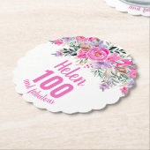 100th誕生日ピンクのフローラスクリプト名 ペーパーコースター (アングル)