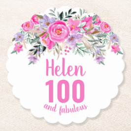 100th誕生日ピンクのフローラスクリプト名 ペーパーコースター