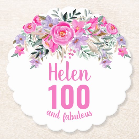 100th誕生日ピンクのフローラスクリプト名 ペーパーコースター (正面)