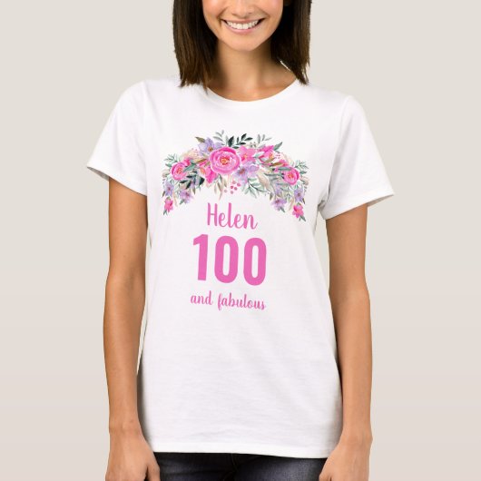 100th誕生日ピンクのフローラ名 tシャツ (正面)