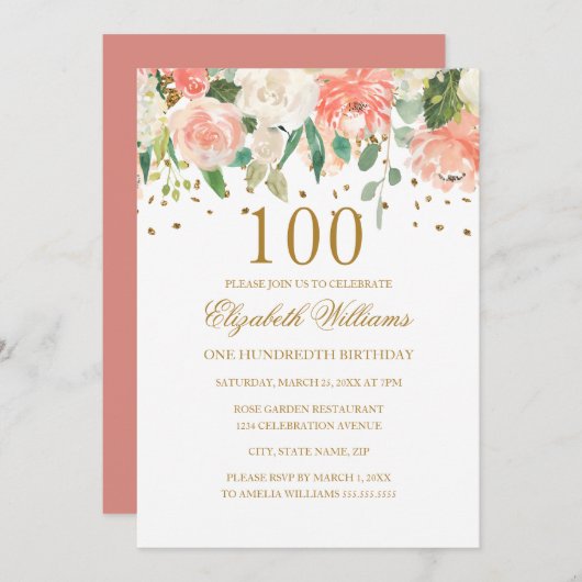 100th誕生日ピーチ金ゴールドフローラ招待状 招待状 (正面/裏面)