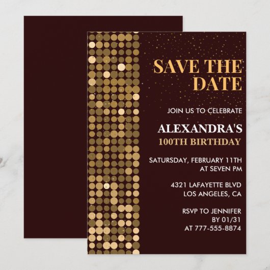 100th誕生日招待状日付金ゴールドを保存 招待状 (正面/裏面)