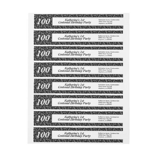 100th誕生日数パターン黒の差出人住所 ラップアラウンドラベル (シート)