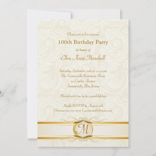 100th誕生日-アイボリーのダマスク織の写真の招待状 招待状 (裏面)