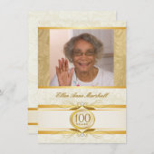 100th誕生日-金ゴールドのダマスク織の写真の招待状 招待状 (正面/裏面)