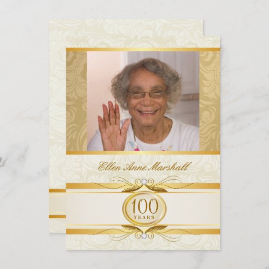 100th誕生日-金ゴールドのダマスク織の写真の招待状 招待状 (正面/裏面)
