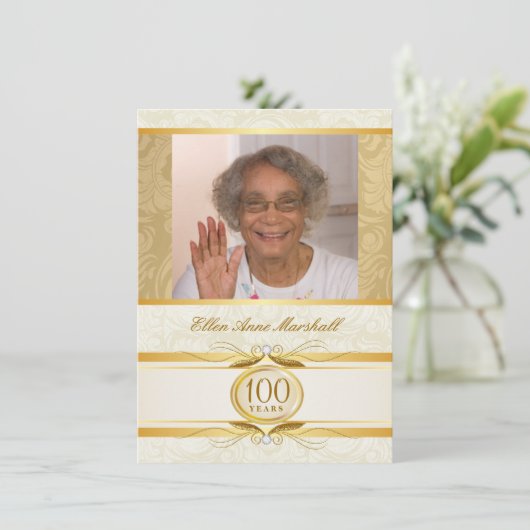 100th誕生日-金ゴールドのダマスク織の写真の招待状 招待状 (スタンド正面)
