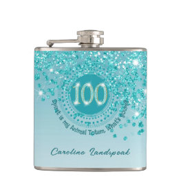 100th & ティール（緑がかった色）ブルーグリッター&ドリンク引用文 フラスク