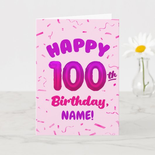 100th Balloon Number Custom Name Birthday Card カード (小さな植物)