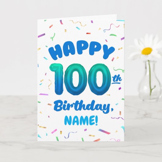 100th Balloon Number Custom Name Birthday Card カード (小さな植物)