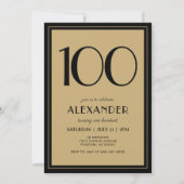 100th Birthday Adult Black and Gold Modern Minimal 招待状 (正面)