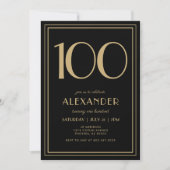 100th Birthday Black and Gold Modern Minimal Adult 招待状 (正面)