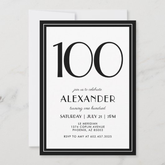 100th Birthday Black and White Modern Minimalist  招待状 (正面)