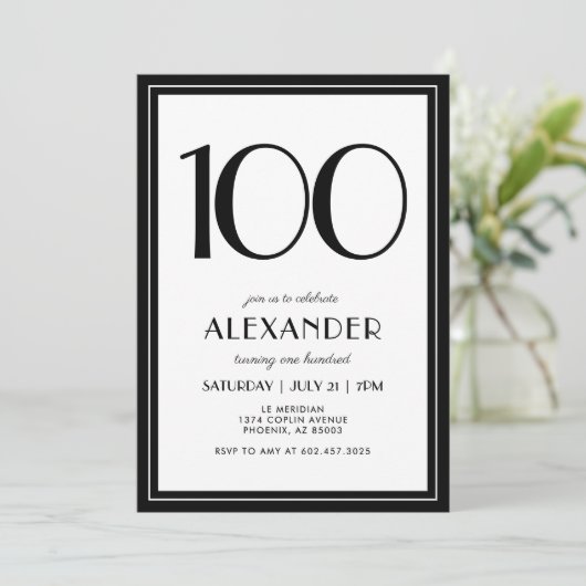 100th Birthday Black and White Modern Minimalist  招待状 (スタンド正面)