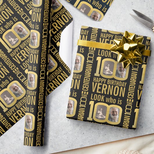 100th birthday black gold custom photos name ラッピングペーパー