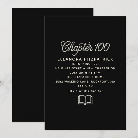 100th Birthday Black White Pearl Script Chapter 招待状 (正面/裏面)