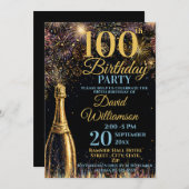 100th Birthday Bubbly Fireworks Gold Blue 招待状 (正面/裏面)