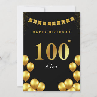 100th Birthday Card Black and Gold Balloons カード
