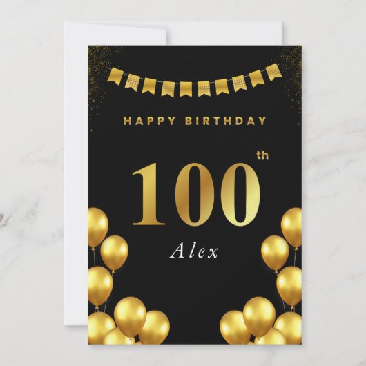 100th Birthday Card Black and Gold Balloons カード (正面)