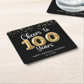 100th Birthday Cheers to 100 Years Black Gold スクエアペーパーコースター (アングル)