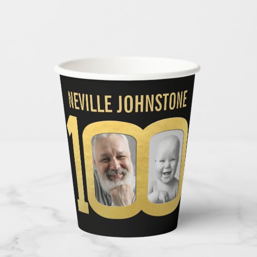 100th birthday custom two photo black and gold 紙コップ (正面)