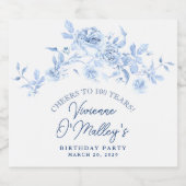 100th Birthday Dusty Blue Rose Floral スパークリングワインラベル (シングルラベル)