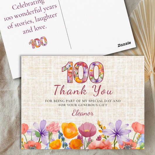 100th Birthday - Elegant Floral Number 100 Thanks ポストカード