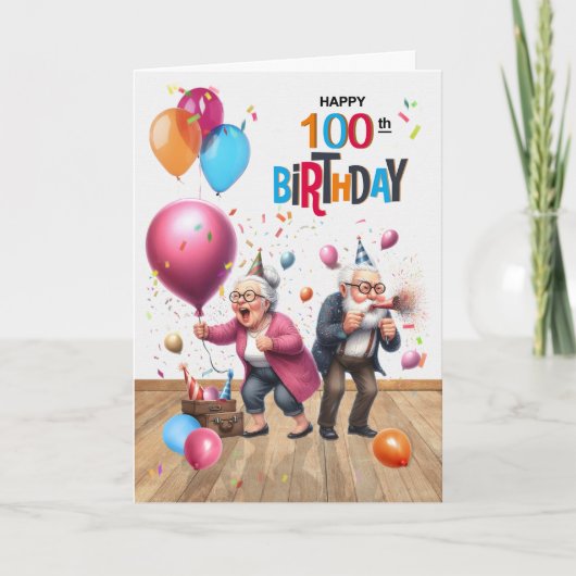 100th Birthday Funny Old Man and Woman Balloons カード (正面)
