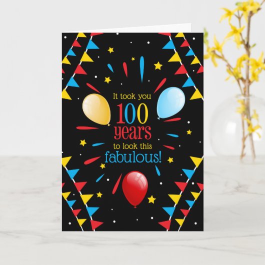 100th Birthday Looking Fabulous Flags and Balloons カード (黄色い花)