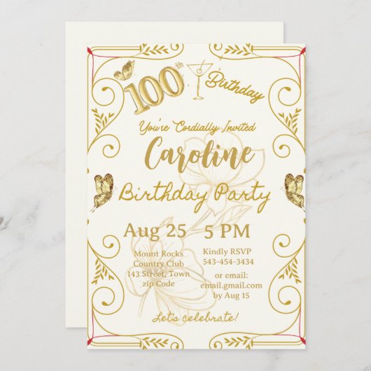 100th Birthday Milestone Elegant 招待状 (正面/裏面)
