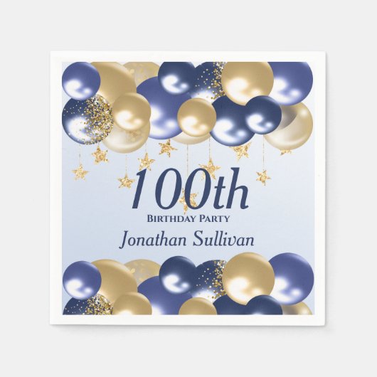 100th Birthday Navy Gold Balloons Party スタンダードカクテルナプキン (正面)