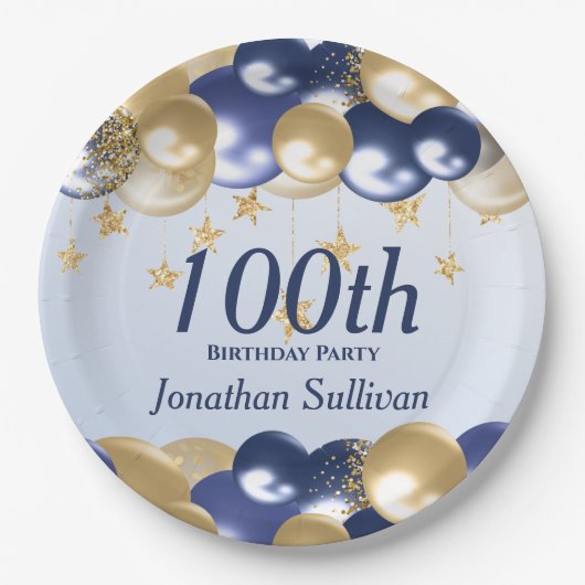 100th Birthday Navy Gold Balloons Party ペーパープレート (正面)