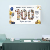 100th Birthday Number 100 Photo Collage White Gold 横断幕 (トレードショー)