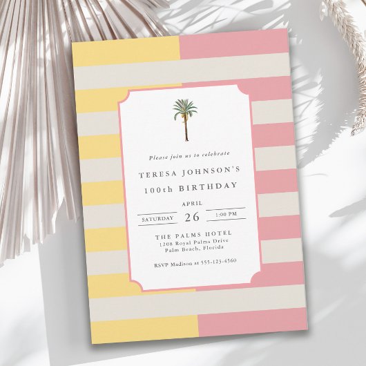 100th Birthday Palm Beach Pastel Stripe Tropical 招待状