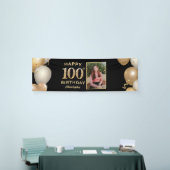 100th Birthday Partyブラックと金ゴールドバルーン写真 横断幕 (トレードショー)