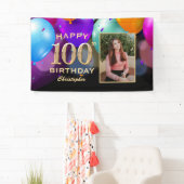 100th Birthday Partyブラックと金ゴールドバルーン写真 横断幕 (インサイチュ)