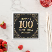 100th Birthday Partyブラック&金ゴールドグリッター枠 スタンダードカクテルナプキン (インサイチュ)