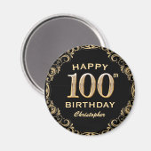 100th Birthday Partyブラック&金ゴールドグリッター枠 マグネット (正面/裏面)