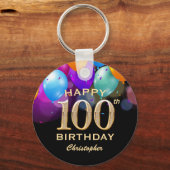 100th Birthday Partyブラック&金ゴールドバルーン キーホルダー (正面)