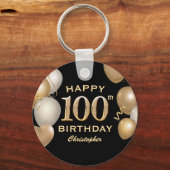 100th Birthday Partyブラック&金ゴールドバルーン キーホルダー (正面)