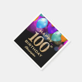100th Birthday Partyブラック&金ゴールドバルーン スタンダードカクテルナプキン (角)
