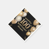 100th Birthday Partyブラック&金ゴールドバルーン スタンダードカクテルナプキン (角)