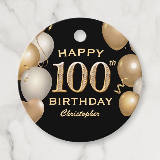 100th Birthday Partyブラック&金ゴールドバルーン フェイバータグ (正面)